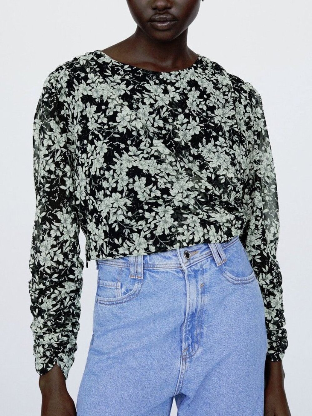 ZARA Floral Sheer Ruched Crop Top Puff Sleeve XS